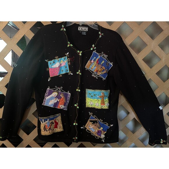 BEREK 2 Takako Sakon Angels Nativity Bejeweled Sequined Black Sweater Vintage L - Picture 1 of 12